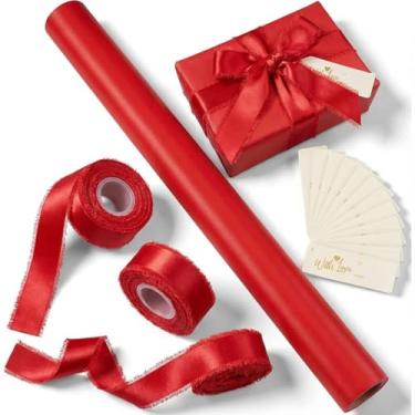 Imagem de Ctosree Conjunto de papel de embrulho vermelho para o Dia dos Namorados com 10 metros, fita de cetim tipo seda, 12 etiquetas de presente, kit de embrulho de presente para aniversário, casamento, Natal