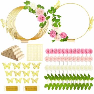 Imagem de Vercraft Conjunto de 12 peças centrais de mesa de argola floral de metal borboleta, anel de metal com decoração de borboleta 3D, flor de espuma de PE, ponto adesivo, fios dourados para festa de