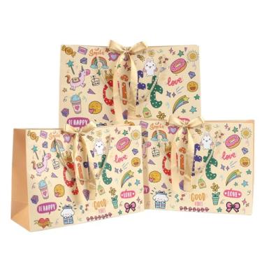 Imagem de DONQE Sacos de presente de papel com alças e fita de laço, 3 peças 37 × 24 × 24 x 12 cm, lindos sacos de guloseimas de grafite a granel, sacolas reutilizáveis de lembrancinha de festa para aniversário