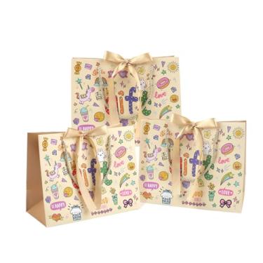 Imagem de DONQE Sacos de presente de papel com alças e fita de laço, 3 peças 24 × 7,87 × 4,72 cm, lindos sacos de guloseimas de grafite a granel, sacolas reutilizáveis de lembrancinha de festa para aniversário