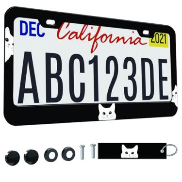Imagem de 1 moldura de placa de licença para mulheres, molduras decorativas de carro femininas, suporte de capa de placa de carro com etiqueta de chaveiro de carro dupla face (para gatos brancos, 1 peça)