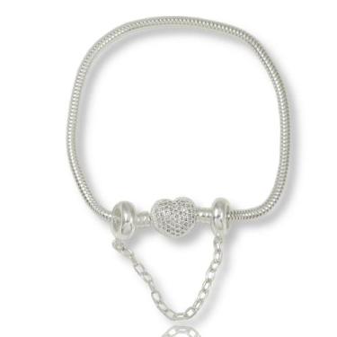 Imagem de Pulseira Trava Berloqueira Fecho Coração Cravejada Prata 925 - Lojas L