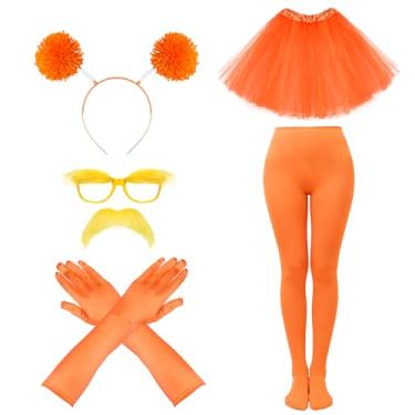 Imagem de Xcgbxzd Acessórios de fantasia laranja com bigode amarelo, sobrancelhas, pompom, faixa de cabeça tutu saia óculos, luvas e meia-calça para festa de Halloween