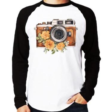 Imagem de Camiseta Raglan Máquina Fotográfica Vintage e Flores Manga Longa - Foc