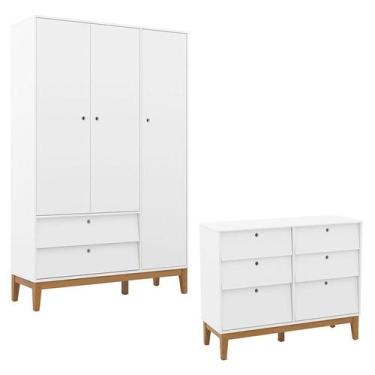Imagem de Cômoda 6 Gavetas e Guarda Roupa Unique 3 Portas Branco Soft Eco Wood -