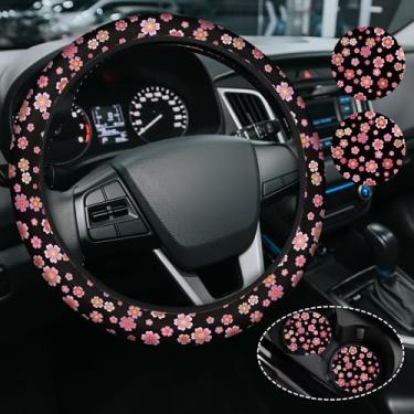 Imagem de Capa de volante de flor de cerejeira rosa, capa de volante de neoprene antiderrapante, acessório de carro de flor para mulheres femininas, ajuste universal de 38 cm, SUVS, inclui 2 porta-copos de