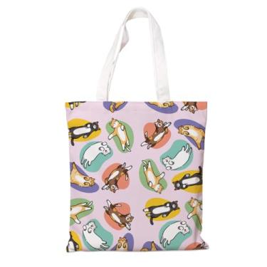 Imagem de Sacola de lona para mulheres, bolsa de algodão de gato fofo, bolsa elegante para compras, viagens diárias, viagens diárias, ótimo presente para amantes de gatos, sacolas de compras de supermercado de