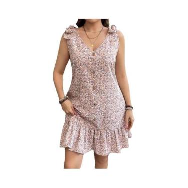 Imagem de Vestido europeu e americano com pequena flor e decote em V abotoado se