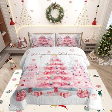 Imagem de Manfei Conjunto de edredom para meninos e meninas, tamanho casal, árvore de Natal rosa, decoração de quarto de adolescentes, roupa de cama macia de microfibra