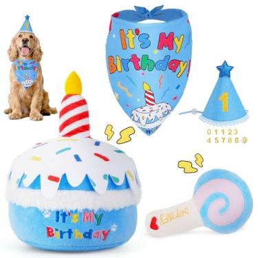 Imagem de KIPRITII Artigos de festa de aniversário para cães – Brinquedos de ranger de cachorro, bandana de aniversário e chapéu para cães pequenos, brinquedos de pelúcia interativos para aliviar o tédio