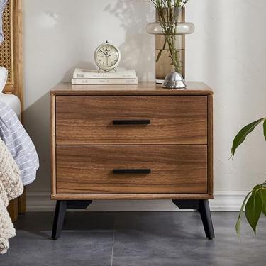 Imagem de Mesa de cabeceira, mesa de cabeceira moderna com pernas de madeira maciça, mesa de cabeceira, prateleira de armazenamento, móveis de quarto elegantes em cor de madeira rústica