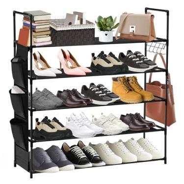 Imagem de MABCIRY Sapateira de 5 camadas com bolsos laterais e ganchos, organizador de sapatos de 20 a 25 pares, prateleira empilhável para sapatos, prateleira de grande capacidade, armazenamento de sapatos de