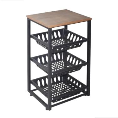 Imagem de Fruteira Industrial com 3 Cestos Plásticos, Tampo MDF Madeirado, Estrutura Metal Preto, 69x40x30 cm, Sapatas Reguláveis, Organizador para Cozinha e Área Gourmet