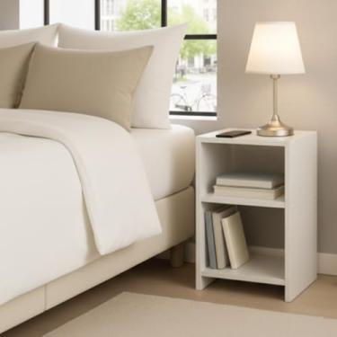 Imagem de Mesa de Cabeceira Moderna Criado mudo em MDF com Nichos, Mesa Lateral Organizadora Multiuso para Quarto, Sala ou Escritório, Decoração Minimalista, Cama Casal e Solteiro – Branco