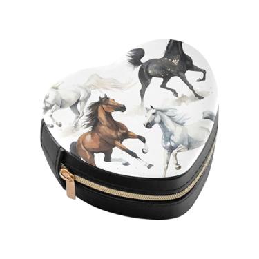 Imagem de Burbuja Caixa de joias em forma de coração de cavalos de corrida, mini estojo de joias de viagem para mulheres e meninas, estojo portátil organizador de armazenamento para brincos, anéis, colares e