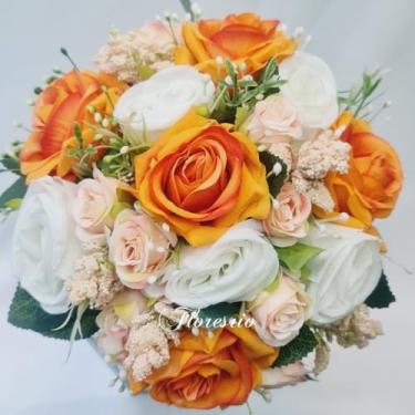 Imagem de Buquê de Noiva Artificial com Flores Coloridas para Casamento Civil ou Religioso(00525/Laranja/Branco/Creme)