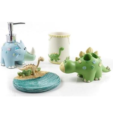 Imagem de Wendin Conjunto de acessórios de banho série de desenhos animados, bomba dispensadora de sabonete, suporte de escova de dentes, copo, saboneteira, decoração de cor de arte de resina (dinossauro 4