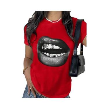 Imagem de Camiseta Feminina Esportiva De Verão Com Estampa De Lábios, Manga Curt