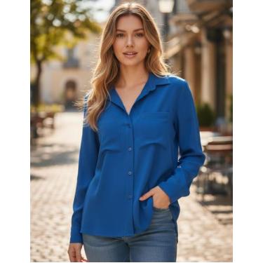 Imagem de Camisa Social Feminina Blusa de Manga Longa Camisete Com Bolsos Fronta