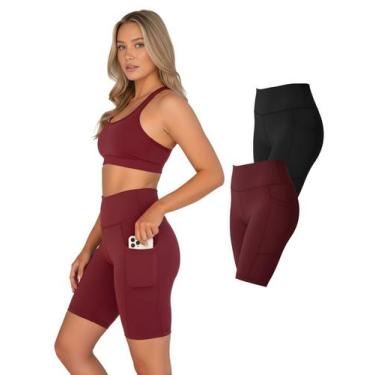 Imagem de Kit 2 Bermudas Fitness Feminina Bolsos Laterais Para Celular Cor:Vinho