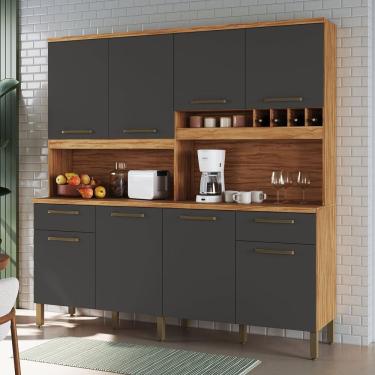 Imagem de Cozinha Compacta com 8 Portas e 2 Gavetas 200cm 100% Mdf Bruxelas Espresso Móveis Amêndoa/Cinza