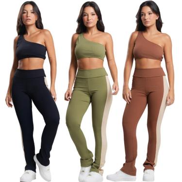 Imagem de KIT 3 Conjunto Fitness Top e Calça Canelado Vekyo Poliamida Assimétrico Moda Fitness Mu...