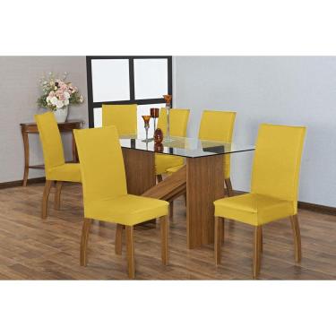 Imagem de Kit Capa Cadeira De Jantar Malha E Elástico 04 Peças Amarelo