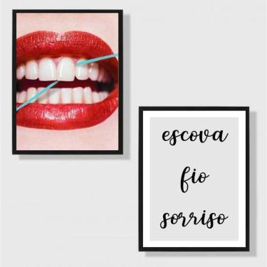 Imagem de Kit 2 Quadros Para Dentista Escova Fio Sorriso 33X24 Branca