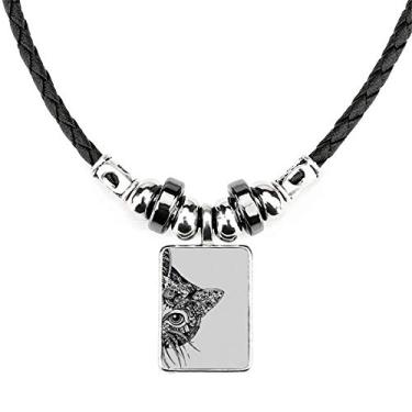 Imagem de DIYthinker Colar de desenho de linha com cabeça de gato preta com pingente de corda de couro