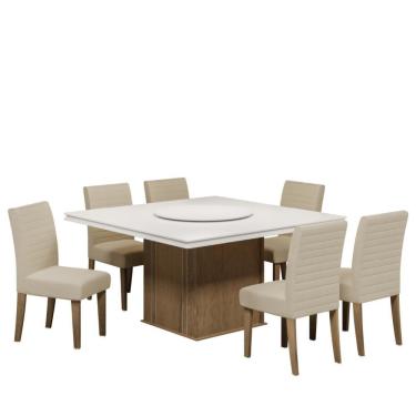 Imagem de Conjunto De Mesa Sala de Jantar Com Tampo Giratório Amesterdã 1,36m 6 Cadeiras Creta Cedro / Off White / Areia Dobuê