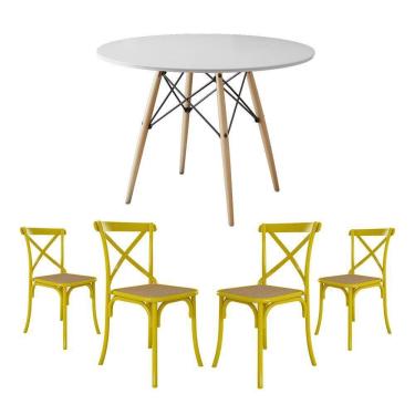 Imagem de Conjunto De Mesa Eiffel Redondo Tampo De Madeira 90Cm Branco Com 4 Cadeiras Katrina Amarela Assento