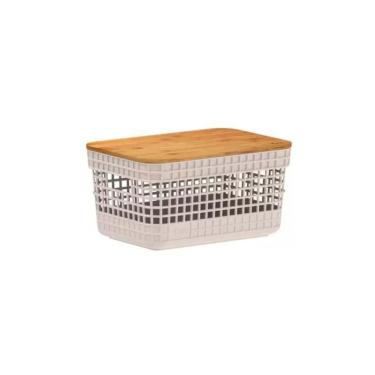 Imagem de Cesto Organizador Grid Com Tampa Em Bambu 2,5L Ou Bege