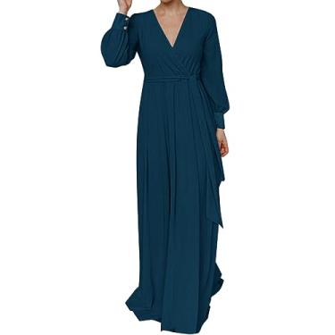 Imagem de UIFLQXX Vestido longo feminino plus size outono manga longa cor sólida decote em V vestido de noite com cinto, Azul-marinho, P