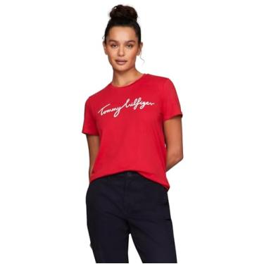 Imagem de Tommy Hilfiger Camiseta feminina de algodão de desempenho – Camisetas estampadas leves, (Coleção Assinatura 2024) Vermelho primário, G