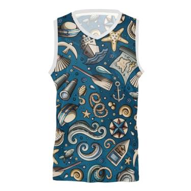 Imagem de KLL Camiseta regata de basquete azul marinho com desenho animado bonito náutico sem mangas grafite para homens e mulheres, Desenhos animados fofos náuticos azul marinho, G