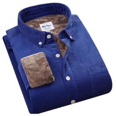 Imagem de Camisa masculina de veludo cotelê grosso de algodão quente, manga comprida, gola de botão, outono e inverno para homens, Azul, GG