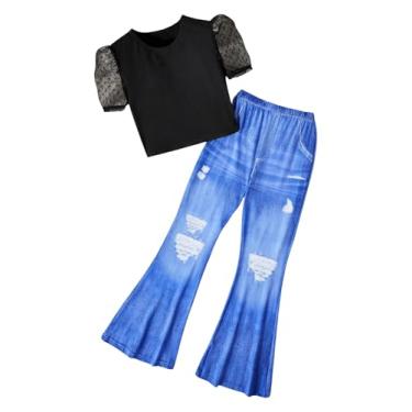 Imagem de OYOANGLE Conjunto de 2 peças para meninas, blusa de malha de bolinhas, manga bufante curta e calça rodada, Preto, azul, 10Y