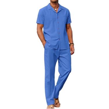 Imagem de COOFANDY Conjunto masculino de 2 peças de linho para praia, camisa de botão, casual, calça solta, Azul, P