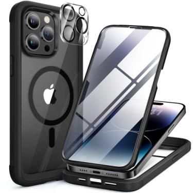 Imagem de Miracase Capa de vidro projetada para iPhone 14 Pro de 6,1 polegadas, [mais recente 2022] capa magnética de corpo inteiro com protetor de tela de vidro temperado 9H integrado, com 2 peças de protetores de lente de câmera, preto-B