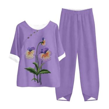 Imagem de Conjunto feminino de duas peças com mangas de linho de algodão, ajuste solto, camisa de conscientização de Alzheimer e conjunto de perna larga, rosa, 4X-Large
