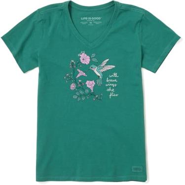 Imagem de Life is Good Camiseta feminina de algodão floral de manga curta, gola V, Superpower Daisy, Verde (Spruce Green), GG