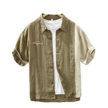 Imagem de Camisa de verão casual patchwork para homens roupas vintage linho sólido manga curta streetwear, Caqui, G