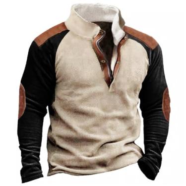 Imagem de JMMSlmax Suéter masculino casual elegante outono vintage remendo cotovelo veludo cotelê jaqueta camisa Henley camisas ocidentais, Cáqui A3, G