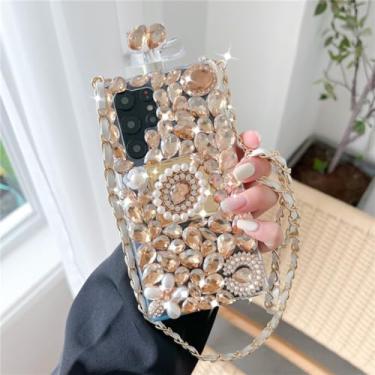 Imagem de Strass garrafa forma caso de telefone flores de cristal capa crossbody apto para iphone 15 14 13 12 11 pro max xr, ouro, para iphone 11 pro