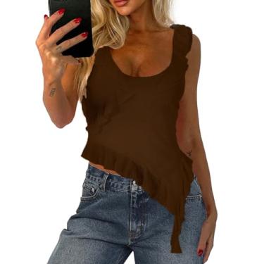 Imagem de Camiseta regata feminina Y2k sexy de malha cropped sem mangas frente única assimétrica com babados e babados, Café, PP