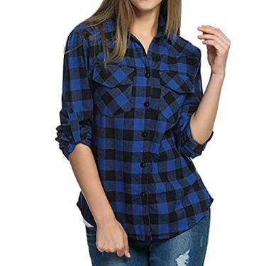 Imagem de Camisetas femininas de flanela com botões xadrez, manga comprida, gola redonda, blusas casuais de trabalho com, Azul, M