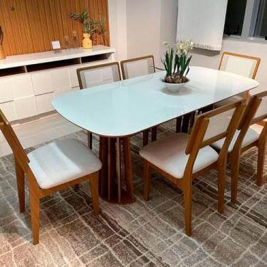 Imagem de Dalla Costa, Kit Mesa Oval 6 Cadeiras de Jantar Tela no Encosto 100% MDF Branco/Bege Dalla Costa