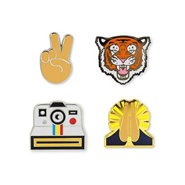 Imagem de Just For Laughs Pacote com 4 pinos esmaltados Pincredibles (câmera retrô, emoji de sinal da paz, tigre, emoji de mãos rezando), one size, Sem Pedra Preciosa