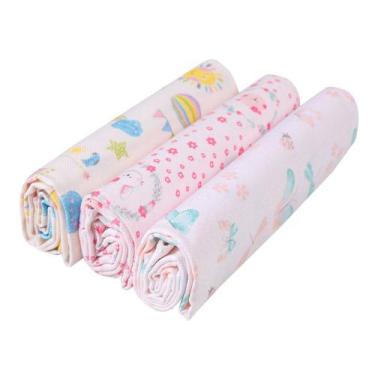 Imagem de Kit 3 Cueiros Papi Flanelado 1,0x0,8m Estampado Menina Rosa, Rosa Clar
