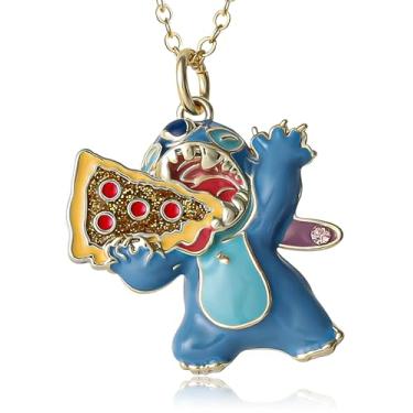 Imagem de SALLY ROSE Colar com pingente de pizza Stitch para mulheres, licença oficial, 40,6 cm + 5,08 cm + 5 cm banhado a ouro 18 k com detalhe de cristal, Latão, Cristal